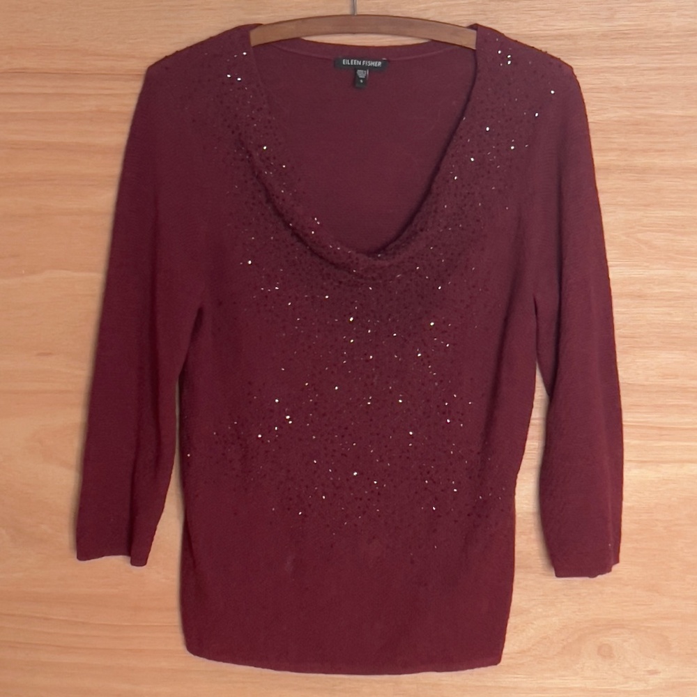 Eileen Fisher 100% merino wool cowl neck sweater women's size S small beaded